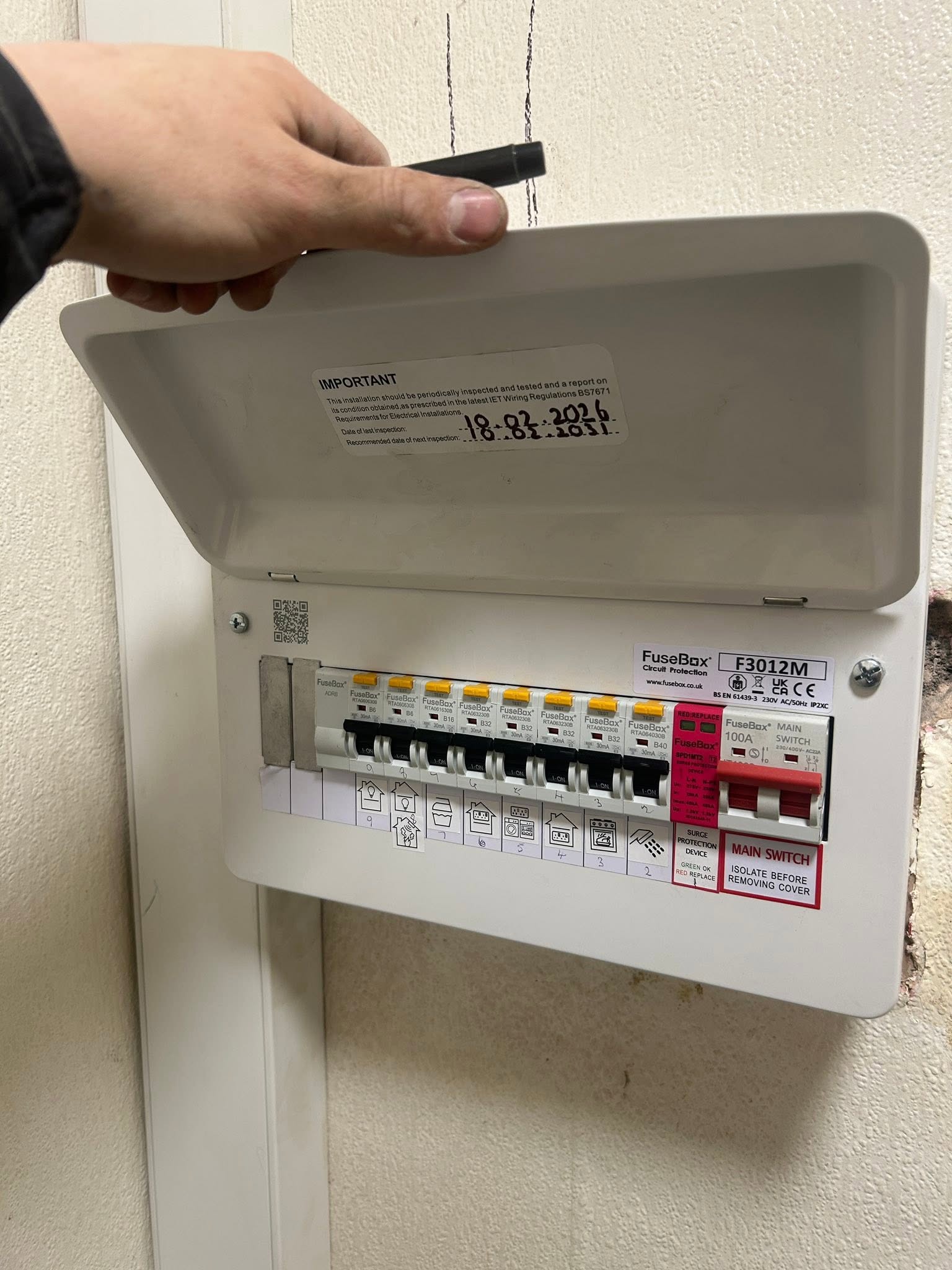 Modern FuseBox consumer unit with labelled circuits and surge protection